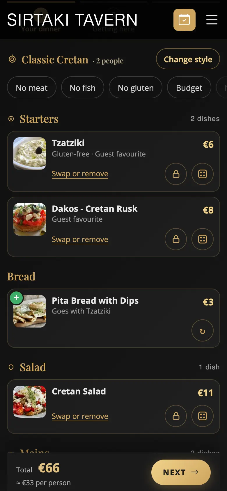 2. Ihr Abendessen, aus unserer Speisekarte